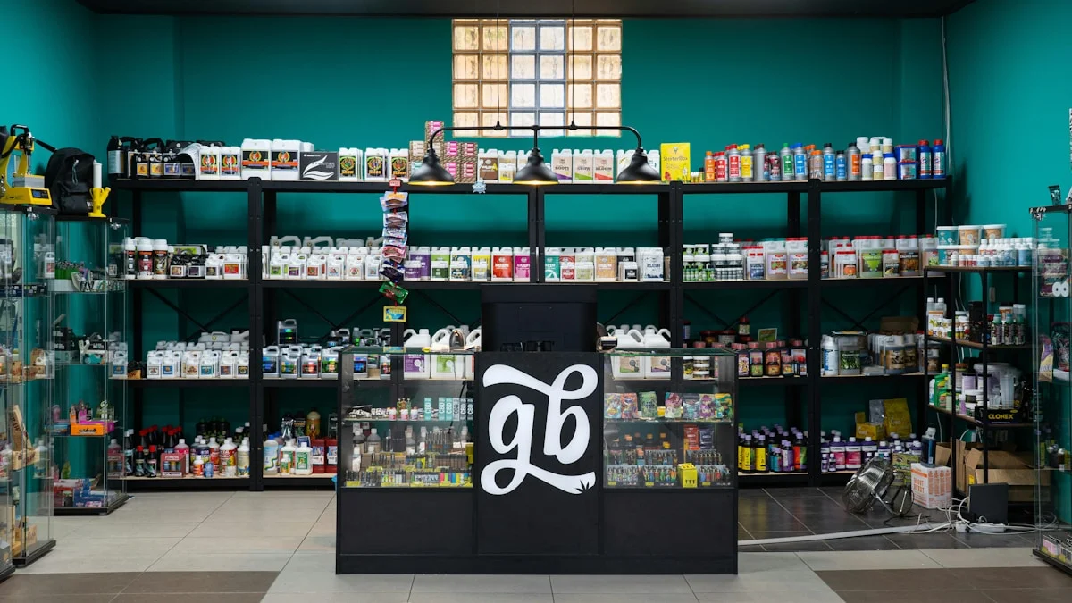 Cannabis dispensary product display representing CBD link building strategy